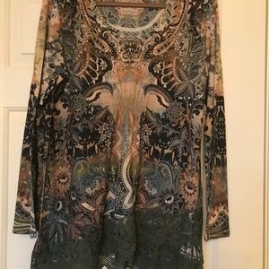 One World Tunic with lace hem. Green, blue, tan and ivory smocked slightly.